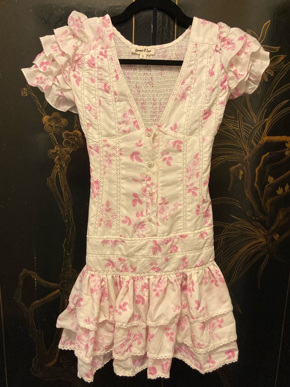 YVONNE & LOVE Pink Floral Mini Dress with Ruffles - Size Small - Picture 6 of 13